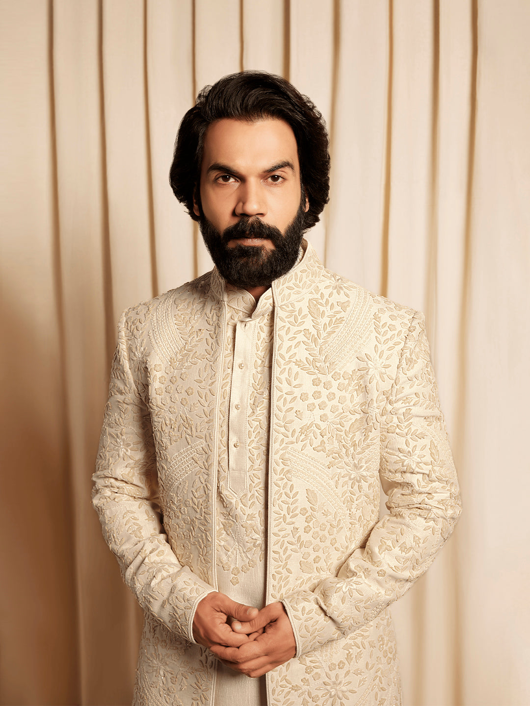 Rajkummar Rao Biege Silk Heavy Embroidered Front-open Indowestern Kurta Set - KORANM