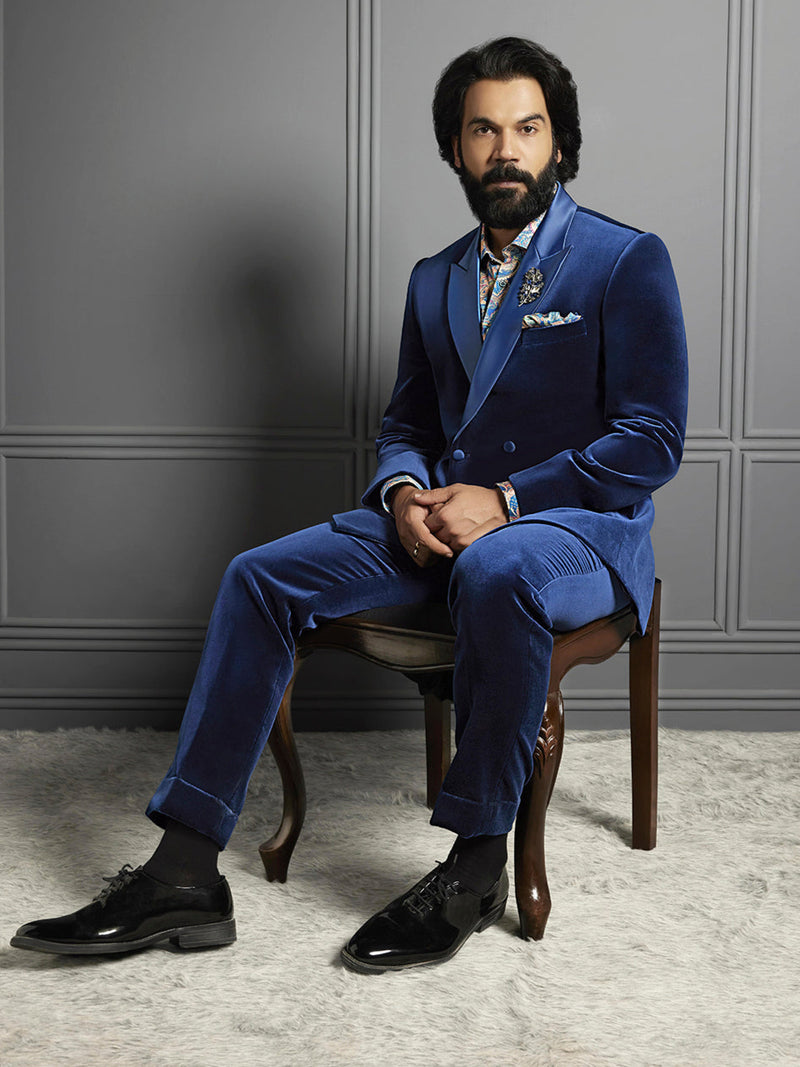 Rajkummar Rao Blue Velvet Tuxedo Suit with Printed Shirt Set - KORANM