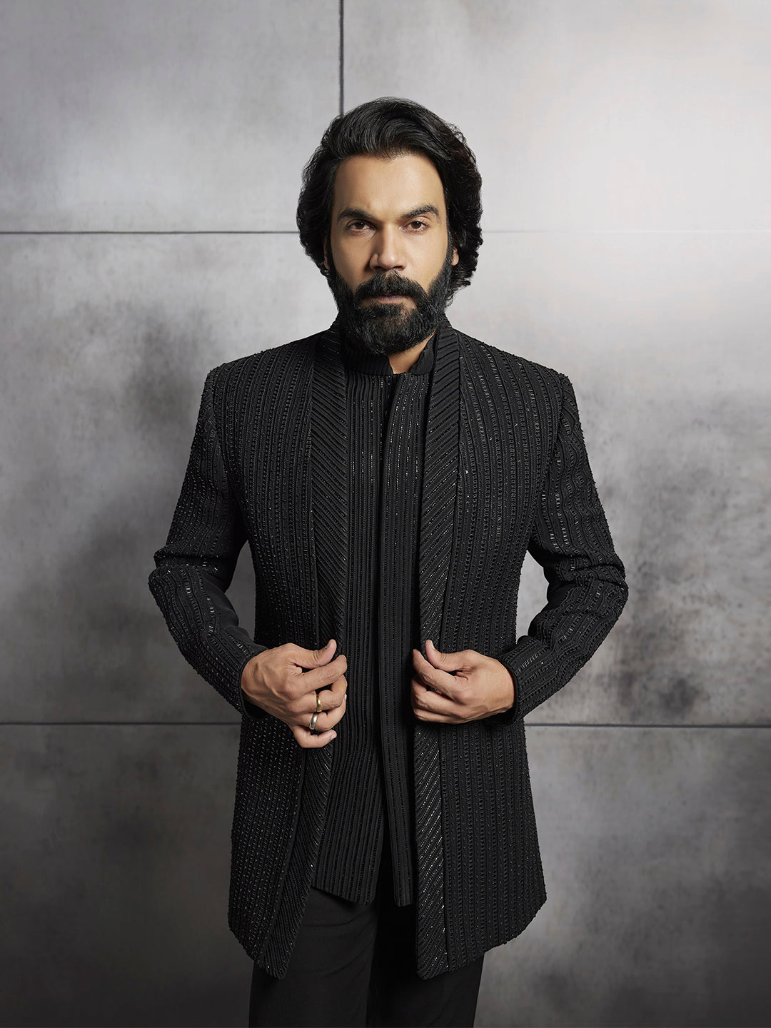 Rajkummar Rao Black Bumario Indowestern Set with Heavy Stone Embroidery - KORANM