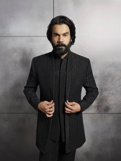Rajkummar Rao Black Bumario Indowestern Set with Heavy Stone Embroidery