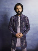 Rajkummar Rao Purple Velvet With Heavy Embroidery Front-open Sherwani Kurta Set