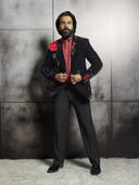 Rajkummar Rao Black Velvet Rose Embroidered Tuxedo Suit Set with Printed Shirt