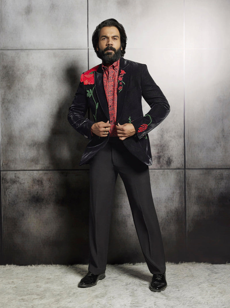 Rajkummar Rao Black Velvet Rose Embroidered Tuxedo Suit Set with Printed Shirt - KORANM