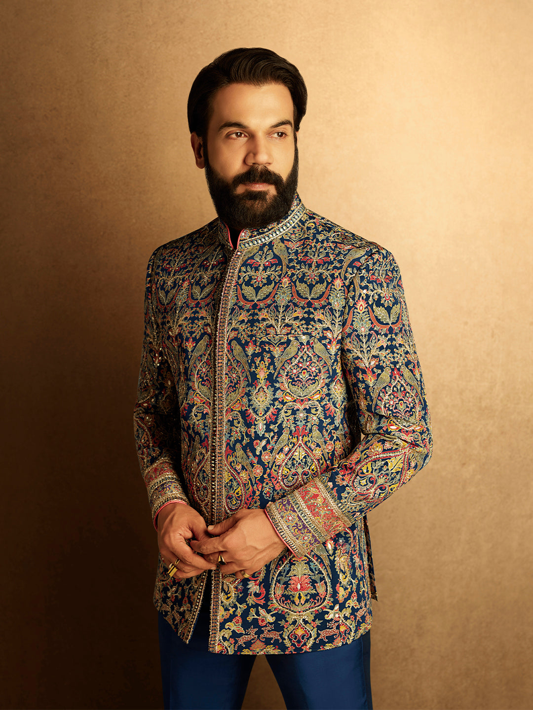 Rajkummar Rao Navy Blue Silk Jodhpuri Set With Heavy Embroidery - KORANM