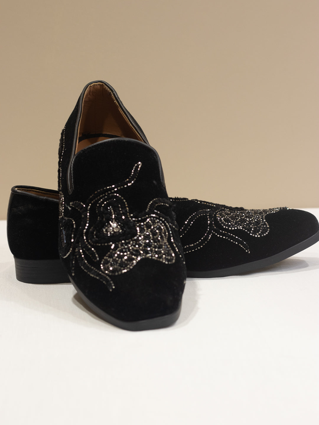 Black Velvet Hand-Embroidered Loafers with Intricate Crystal Detailing for Men