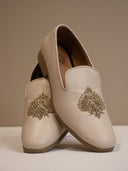 Cream Leather Hand-Embroidered Loafers with Intricate Botanical Motifs for Men