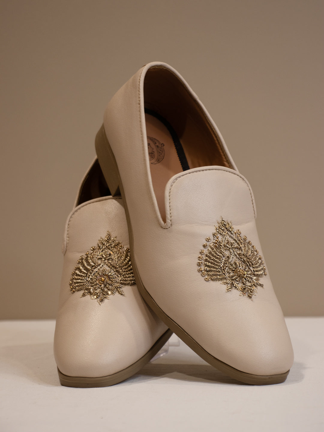 Cream Leather Hand-Embroidered Loafers with Intricate Botanical Motifs for Men