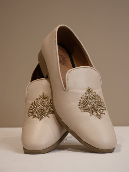 Cream Leather Hand-Embroidered Loafers with Intricate Botanical Motifs for Men