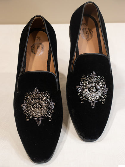 Black Velvet Hand-Embroidered Loafers with Intricate Crystal Motif for Men
