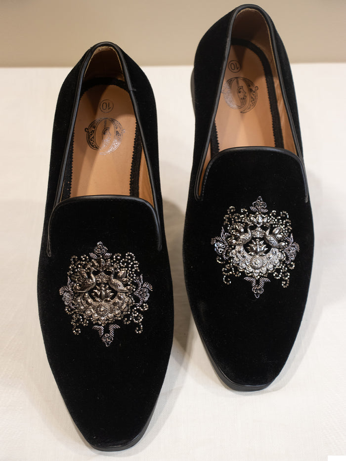 Black Velvet Hand-Embroidered Loafers with Intricate Crystal Motif for Men