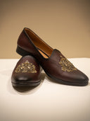 Brown Leather Hand-Embroidered Loafers with Intricate Floral Motif for Men