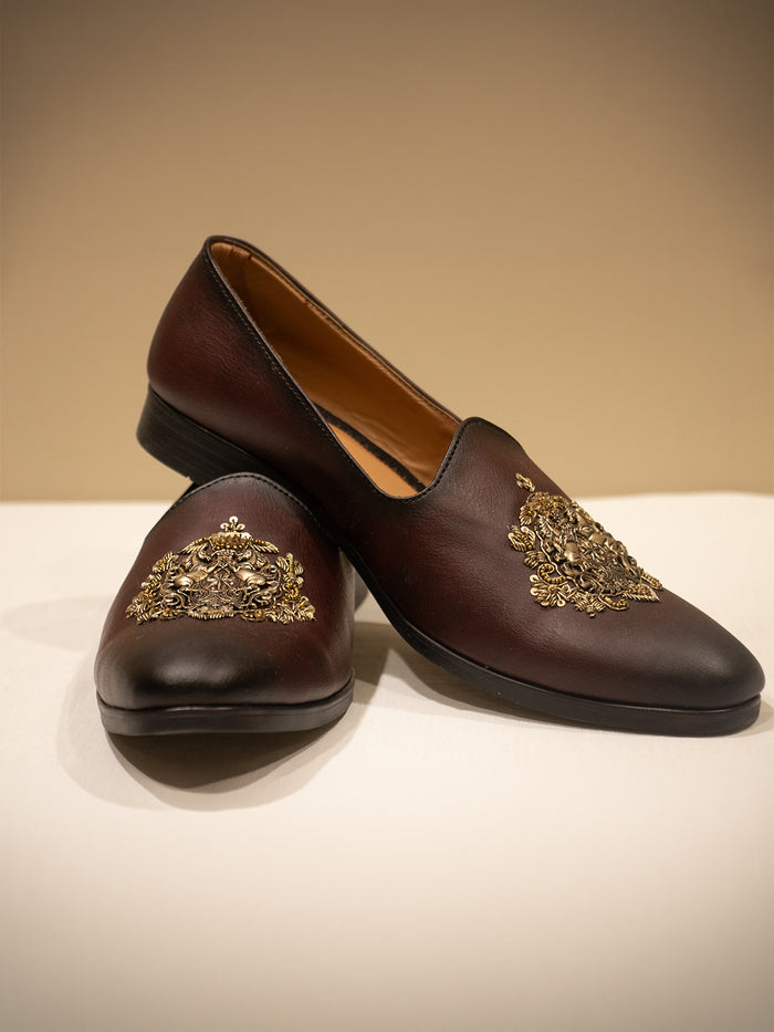 Brown Leather Hand-Embroidered Loafers with Intricate Floral Motif for Men