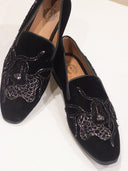 Black Velvet Hand-Embroidered Loafers with Intricate Crystal Detailing for Men