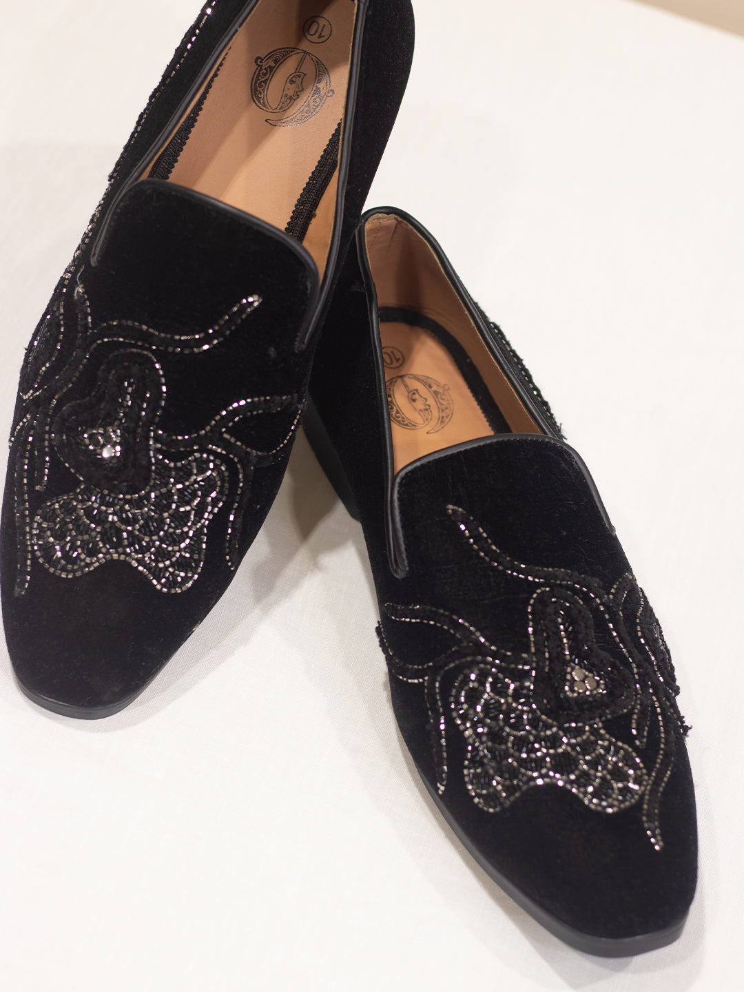 Black Velvet Hand-Embroidered Loafers with Intricate Crystal Detailing for Men
