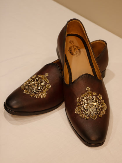 Brown Leather Hand-Embroidered Loafers with Intricate Floral Motif for Men