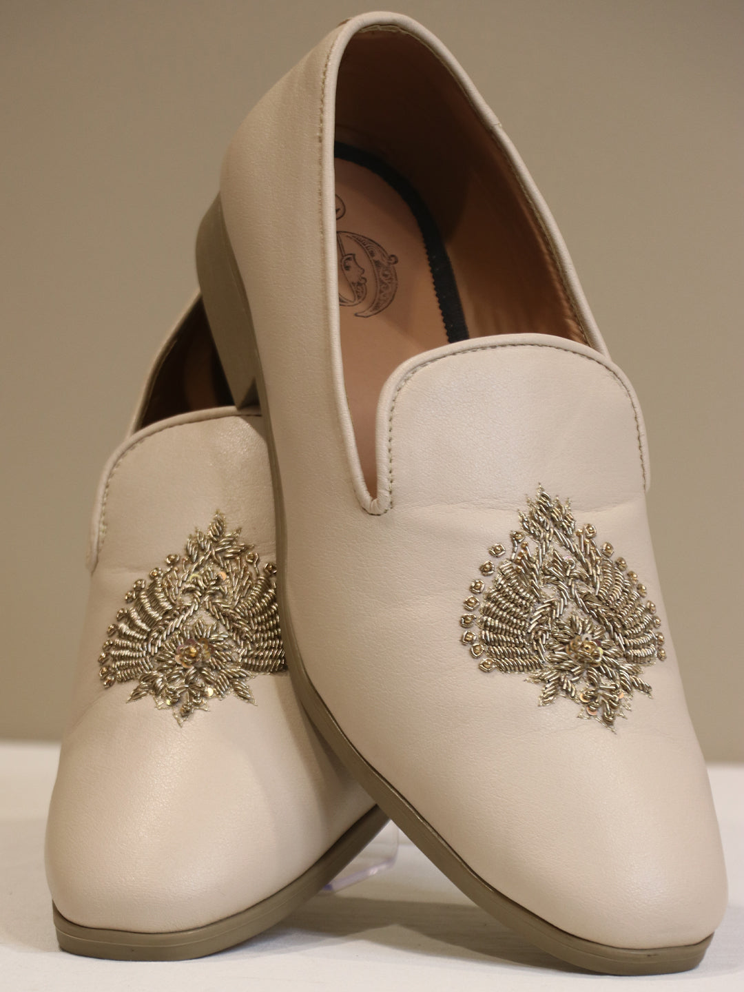 Cream Leather Hand-Embroidered Loafers with Intricate Botanical Motifs for Men