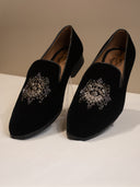 Black Velvet Hand-Embroidered Loafers with Intricate Crystal Motif for Men