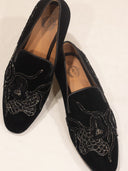 Black Velvet Hand-Embroidered Loafers with Intricate Crystal Detailing for Men