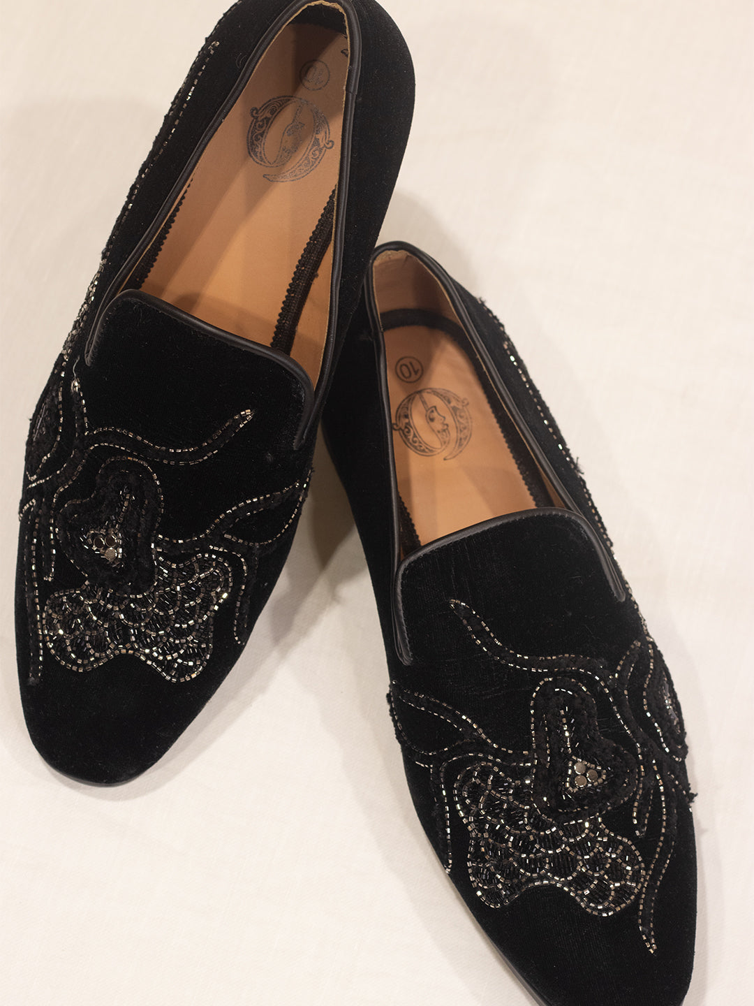 Black Velvet Hand-Embroidered Loafers with Intricate Crystal Detailing for Men