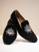 Black Velvet Hand-Embroidered Loafers with Intricate Crystal Motif for Men