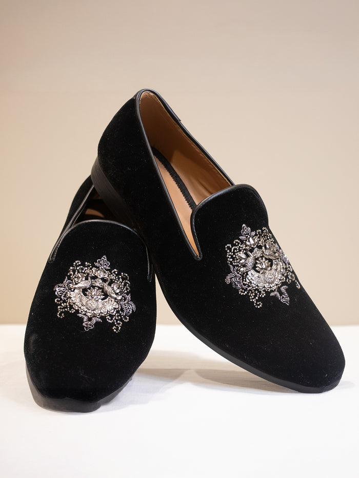 Black Velvet Hand-Embroidered Loafers with Intricate Crystal Motif for Men