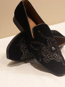 Black Velvet Hand-Embroidered Loafers with Intricate Crystal Detailing for Men