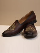 Brown Leather Hand-Embroidered Loafers with Intricate Floral Motif for Men