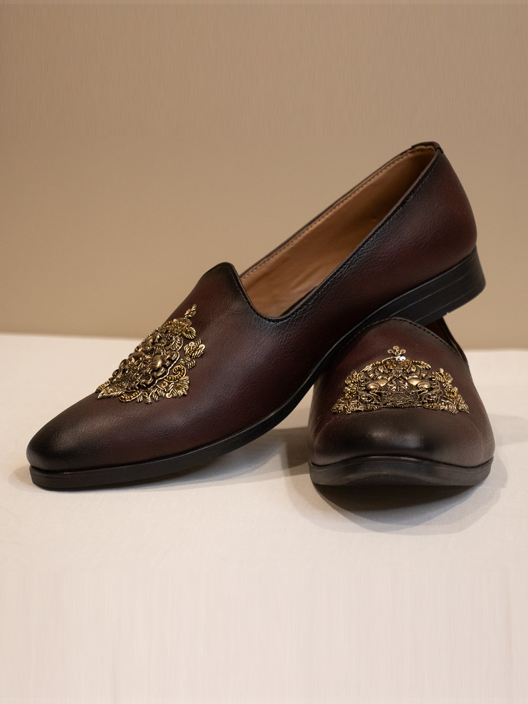 Brown Leather Hand-Embroidered Loafers with Intricate Floral Motif for Men