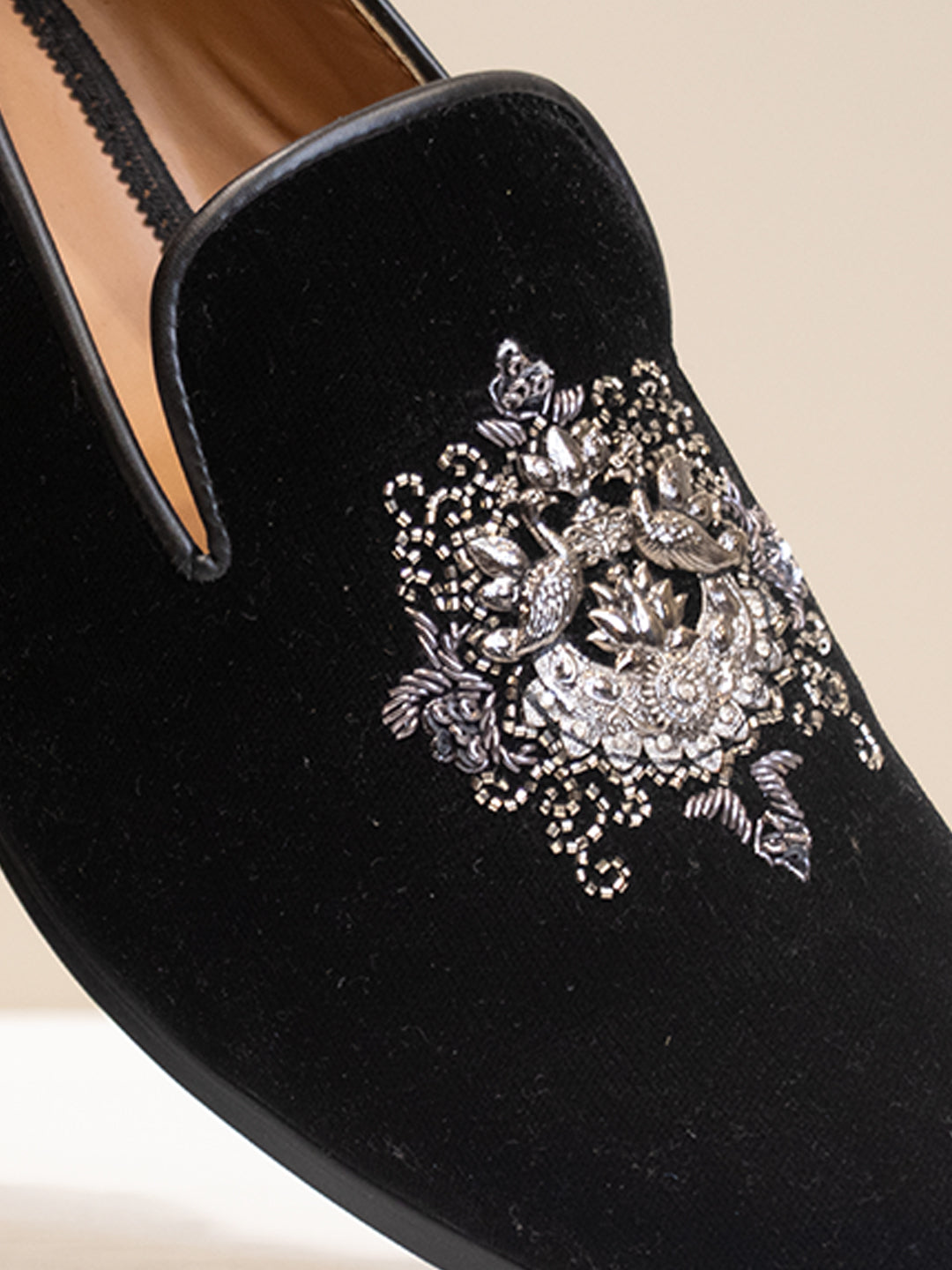 Black Velvet Hand-Embroidered Loafers with Intricate Crystal Motif for Men