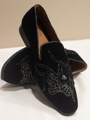 Black Velvet Hand-Embroidered Loafers with Intricate Crystal Detailing for Men