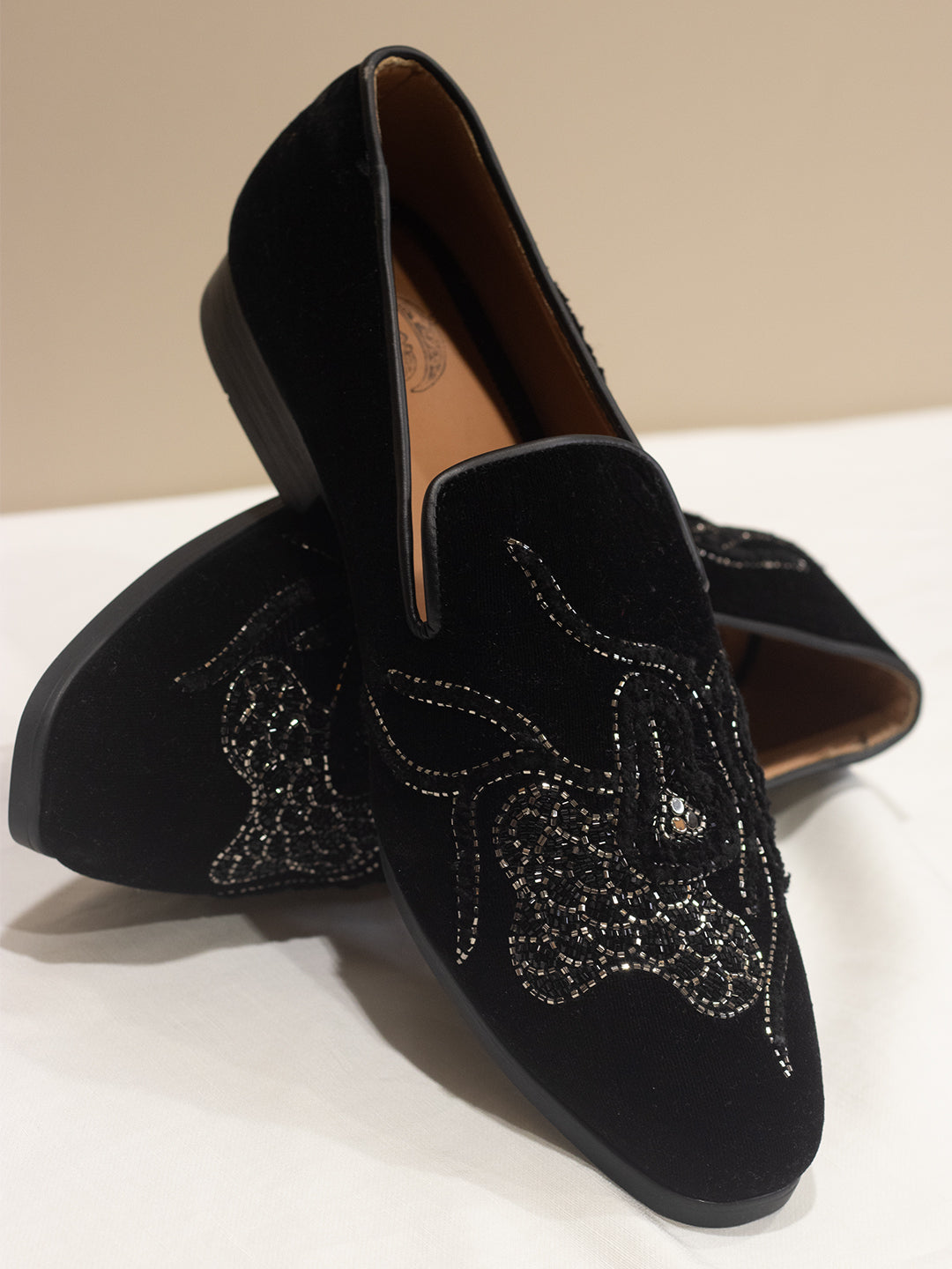Black Velvet Hand-Embroidered Loafers with Intricate Crystal Detailing for Men