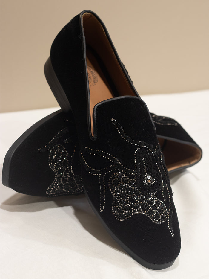 Black Velvet Hand-Embroidered Loafers with Intricate Crystal Detailing for Men