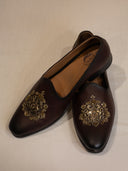 Brown Leather Hand-Embroidered Loafers with Intricate Floral Motif for Men