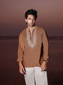 Light Brown Embroidered Linen Short Kurta