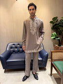 Taupe Grey Premium Rayon Resham Embroidered Kurta with Palazzo Pant Set