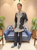 Black Satin Linen Resham Embroidered Kurta with Palazzo Pant Set