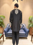 Black Satin Linen Resham Embroidered Kurta with Palazzo Pant Set