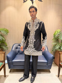 Black Satin Linen Resham Embroidered Kurta with Palazzo Pant Set