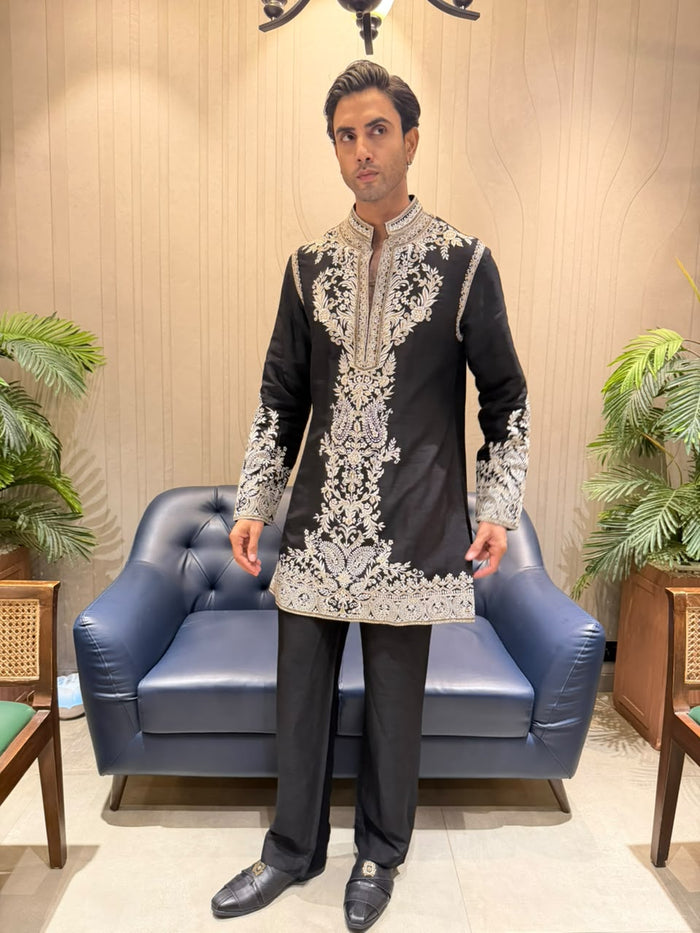 Black Satin Linen Resham Embroidered Kurta with Palazzo Pant Set