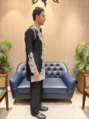 Black Satin Linen Resham Embroidered Kurta with Palazzo Pant Set
