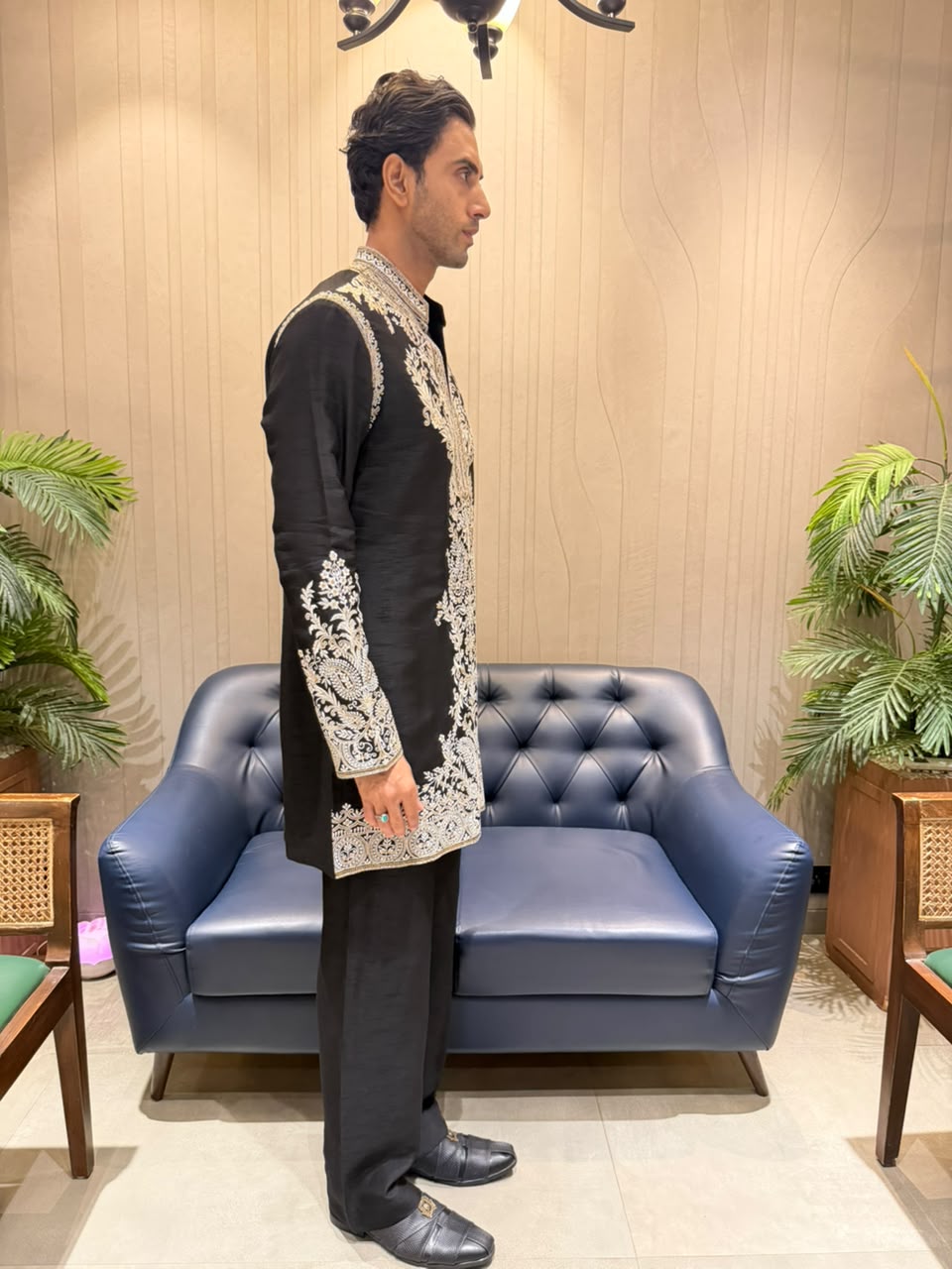 Black Satin Linen Resham Embroidered Kurta with Palazzo Pant Set
