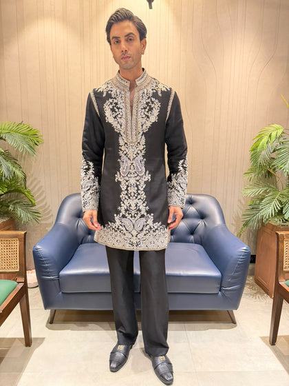 Black Satin Linen Resham Embroidered Kurta with Palazzo Pant Set