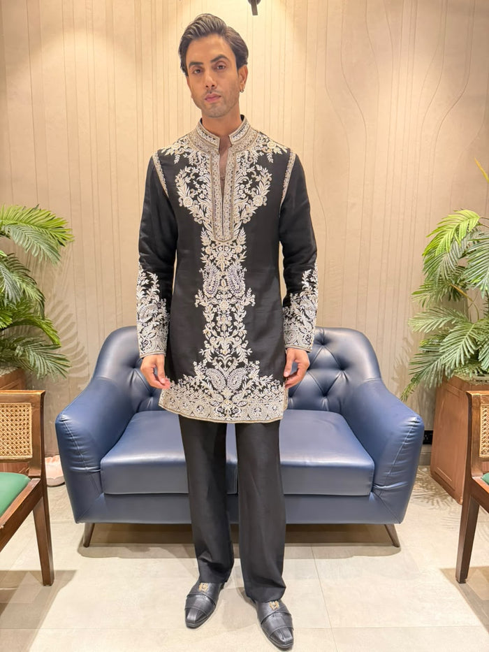 Black Satin Linen Resham Embroidered Kurta with Palazzo Pant Set
