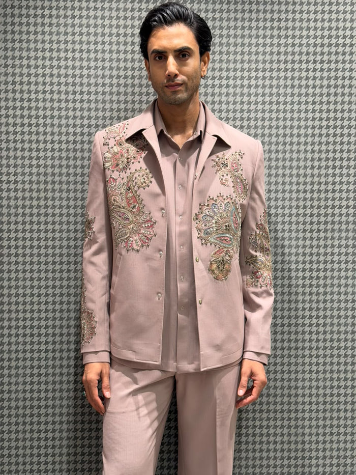 Lavender Terry Rayon Zardozi Embroidered Indo-Western Set