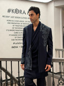 Navy Blue Bomariyo Zari & Sequin Embroidered 3-Piece Indo-Western Set