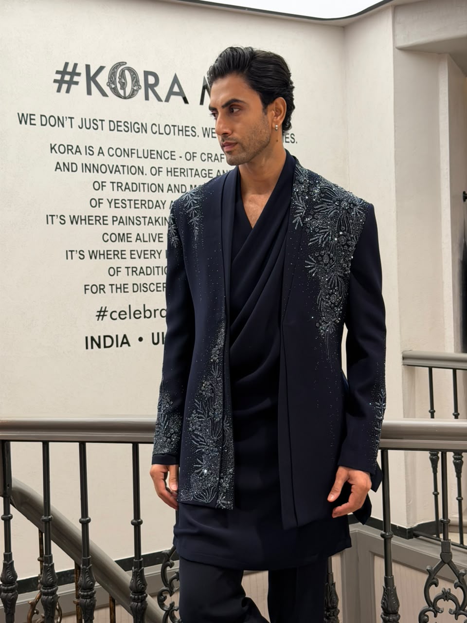 Navy Blue Bomariyo Zari & Sequin Embroidered 3-Piece Indo-Western Set