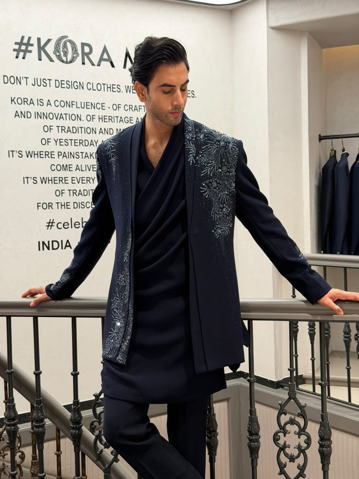 Navy Blue Bomariyo Zari & Sequin Embroidered 3-Piece Indo-Western Set