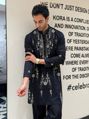 Black Silk Metal Embellished & Embroidered Kurta with Aligarhi Pants