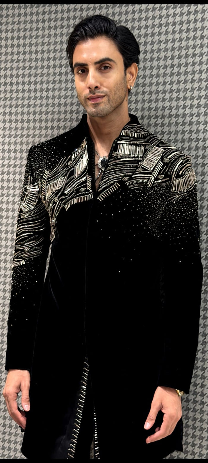 Black Velvet Zardozi & Metal Embellished Indo-Western Kurta with Pants