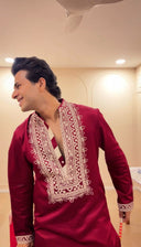 Maroon Mushroom Satin Resham Embroidered Kurta with White Pant Set